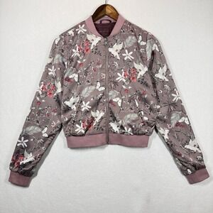 Aeropostale Womens Small Floral Bird Print Bomber Jacket Mauve Zip Up Lined